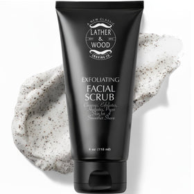 Lather & Wood face scrub front packaging showing product and branding benefit