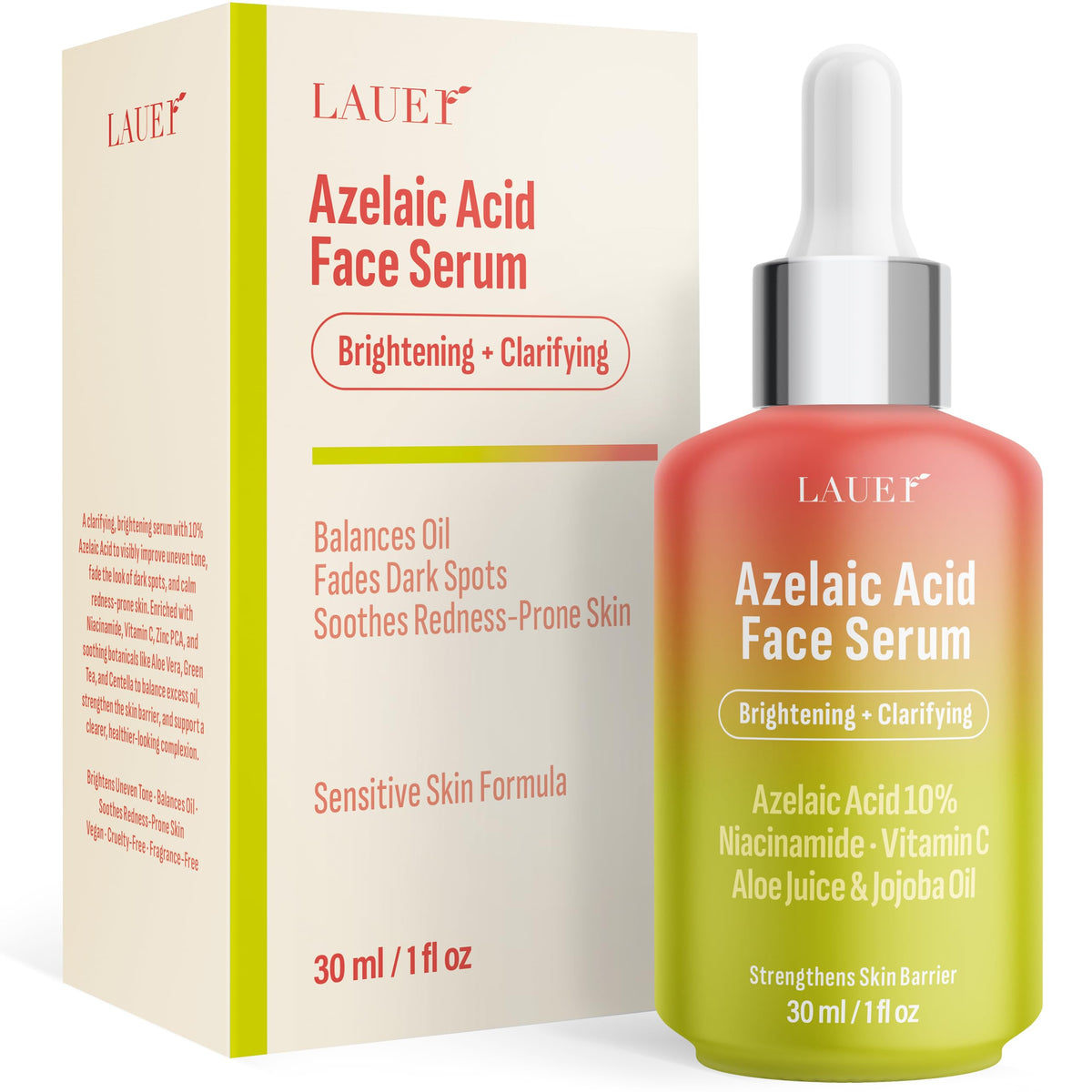 LAUER COSMETIC front bottle of azelaic 10% serum showing clean design and clarity
