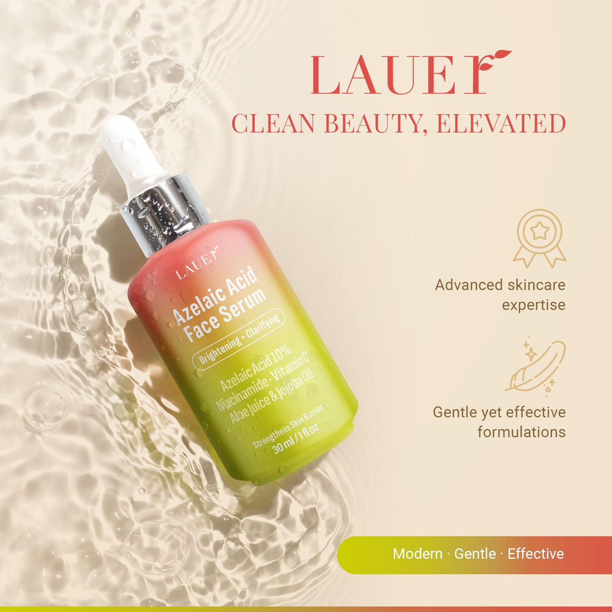 LAUER COSMETIC label close-up listing azelaic acid 10% and supportive botanicals