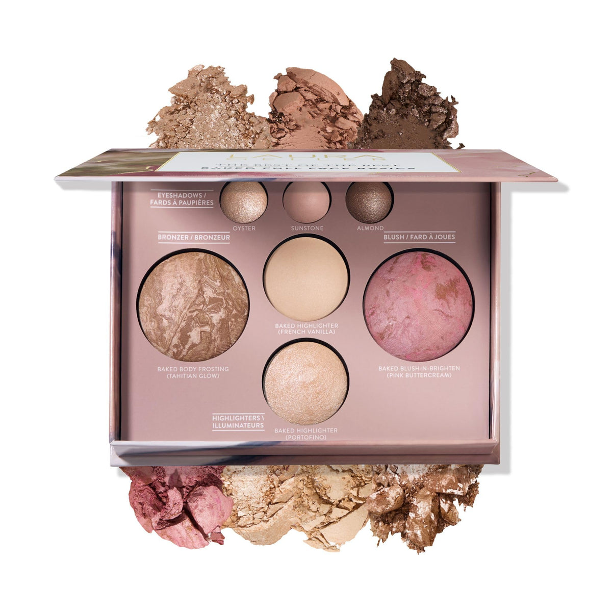 LAURA GELLER NEW YORK front open palette showing all seven shades and benefits