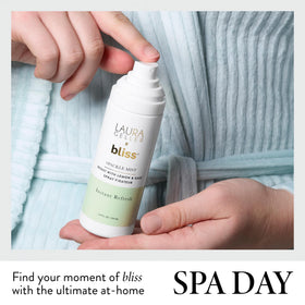 LAURA GELLER NEW YORK bottle on bathroom shelf evokes spa-like refresh benefit