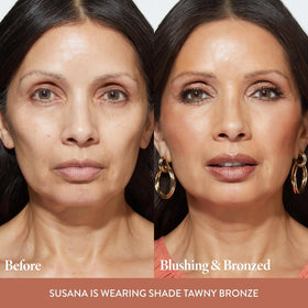LAURA GELLER brush applying powder on cheek demonstrates combined bronzer and blush benefit