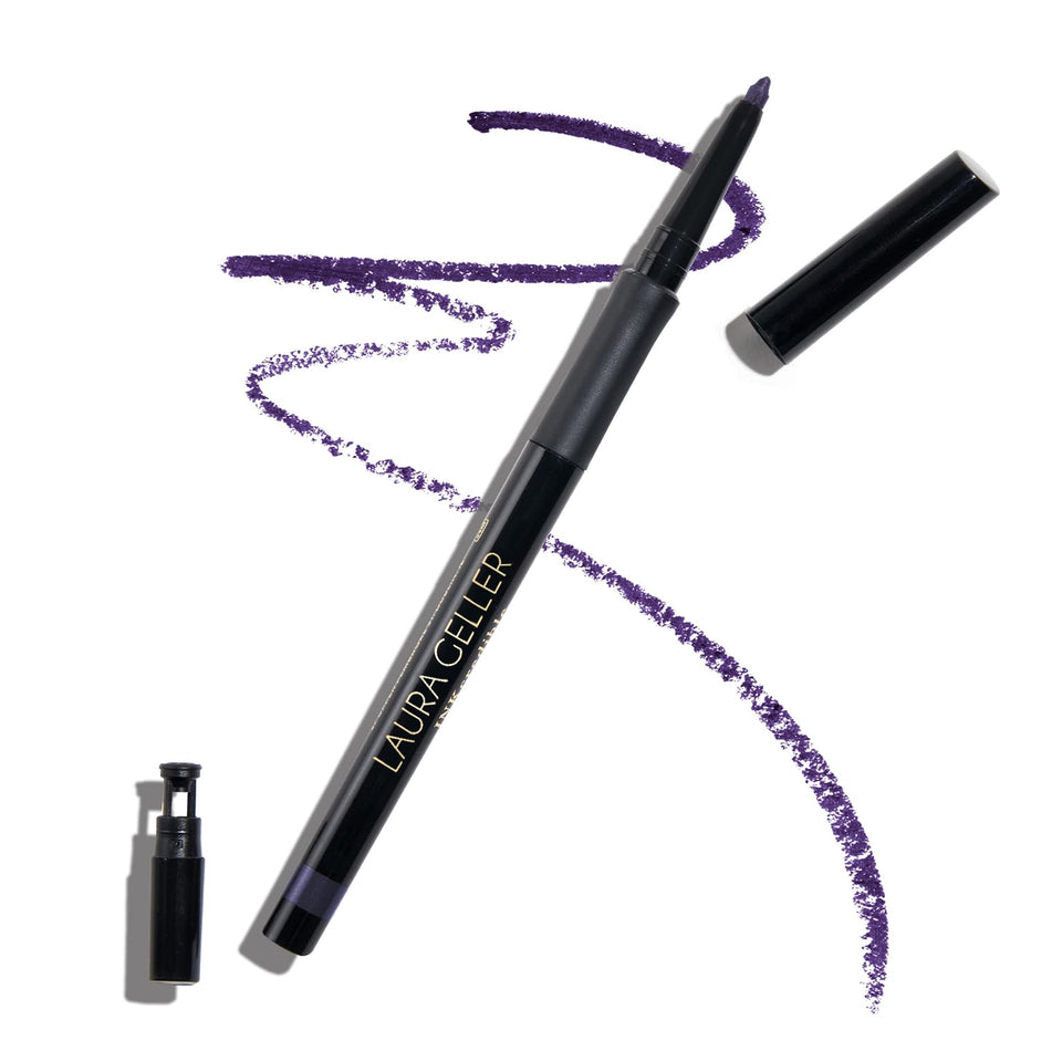 LAURA GELLER NEW YORK front packaging of Deep Purple pencil showing product benefit of travel-ready design