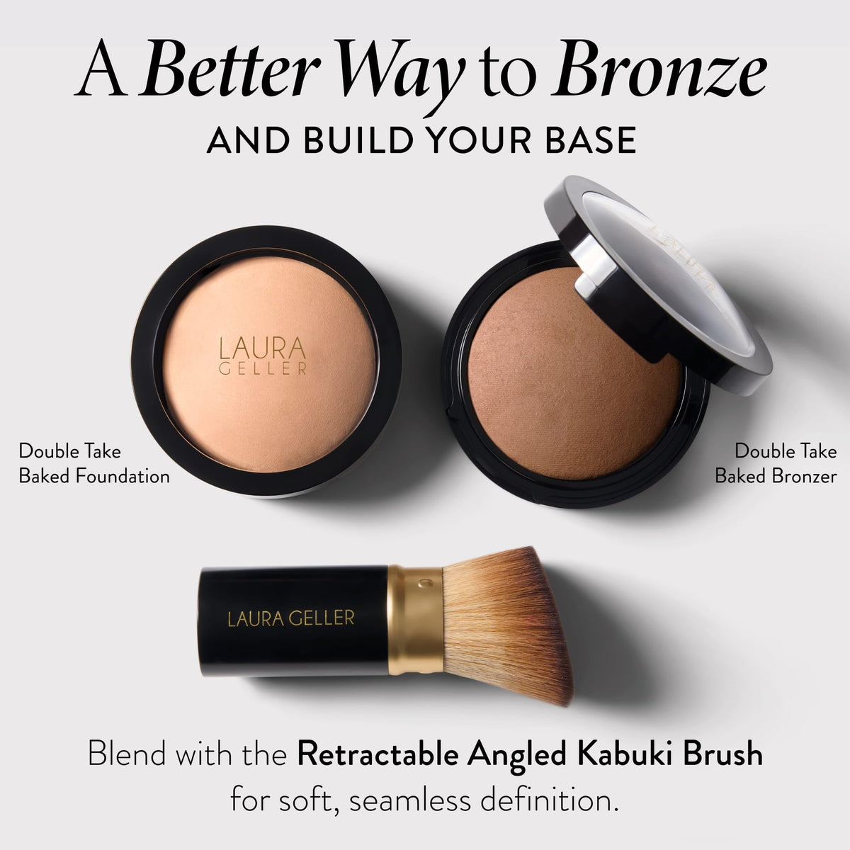 LAURA GELLER bronzer compact in hand to illustrate size and travel-friendly scale
