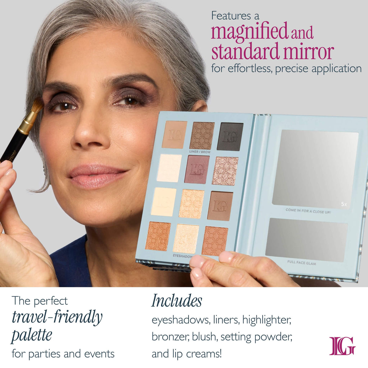 LAURA GELLER NEW YORK close-up of matte and shimmer eyeshadows for blendable color benefit