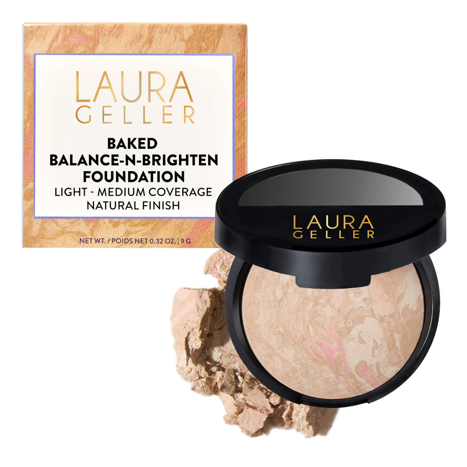 LAURA GELLER NEW YORK compact front view showing porcelain shade and sleek packaging benefit: travel-ready