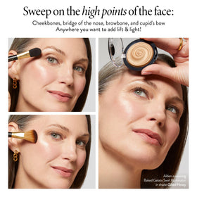 LAURA GELLER brush picking up product for precise application and natural glow
