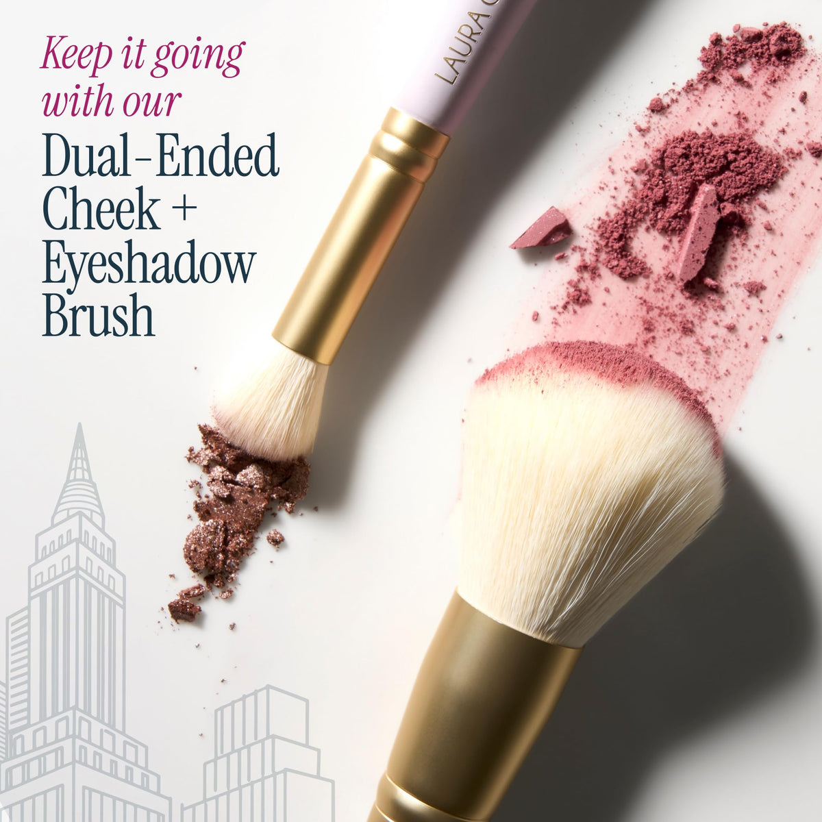 LAURA GELLER NEW YORK model applying eyeshadow and blush for on-the-go look