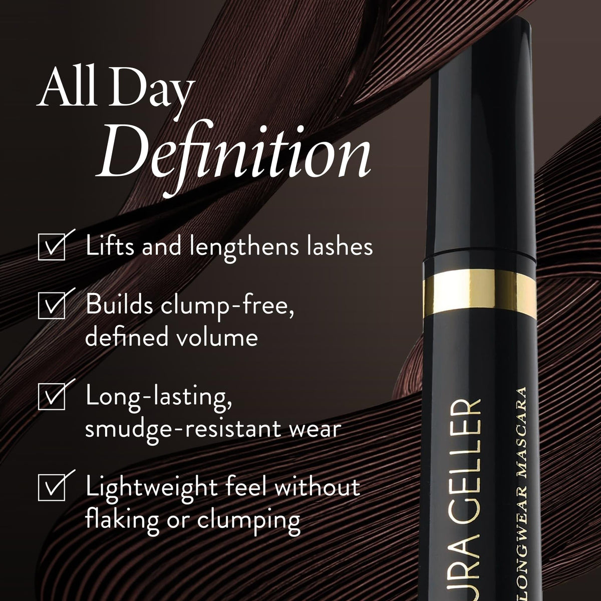 LAURA GELLER NEW YORK brown wand closeup delivering soft definition on lashes