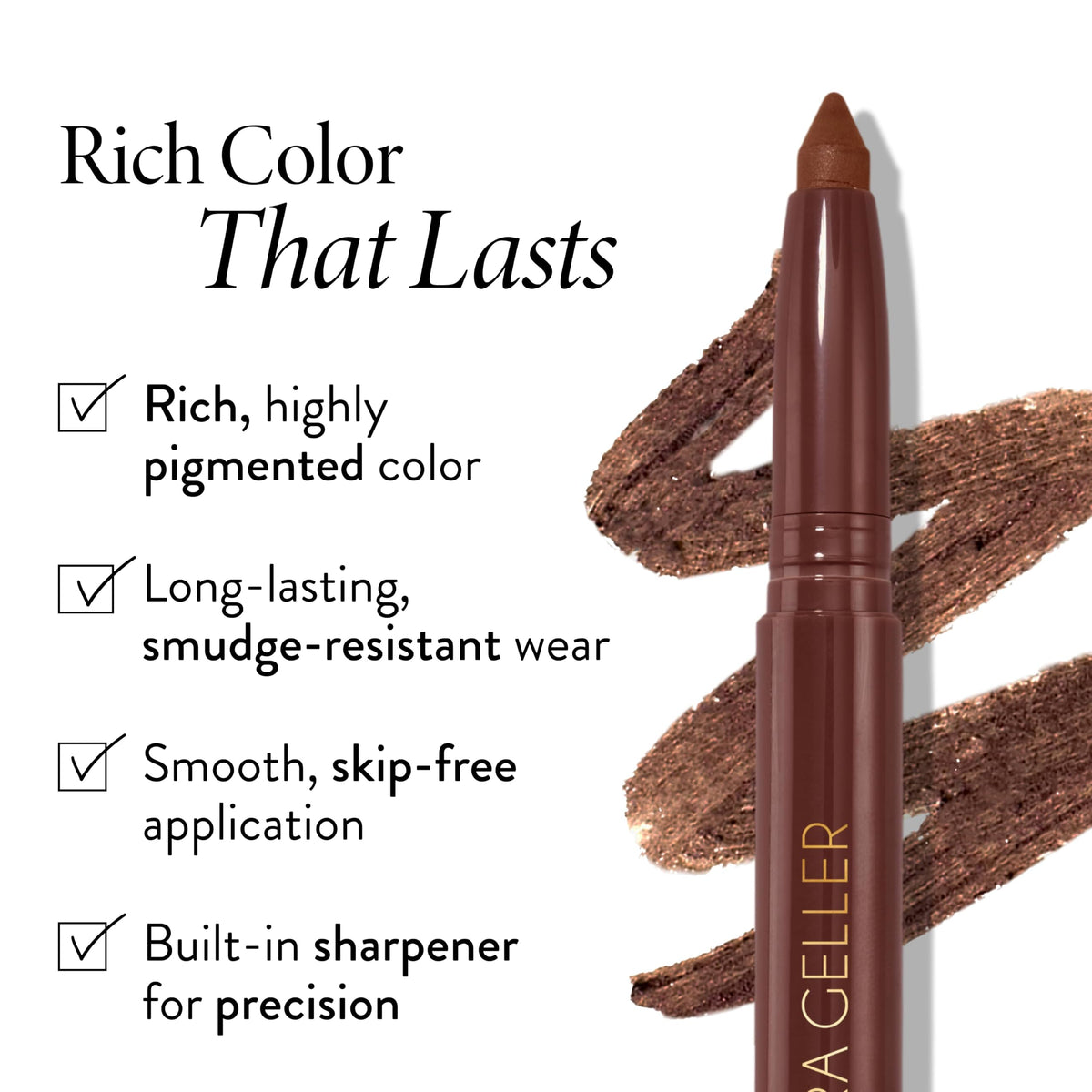 LAURA GELLER NEW YORK built-in sharpener cap visible for on-the-go sharpening benefit