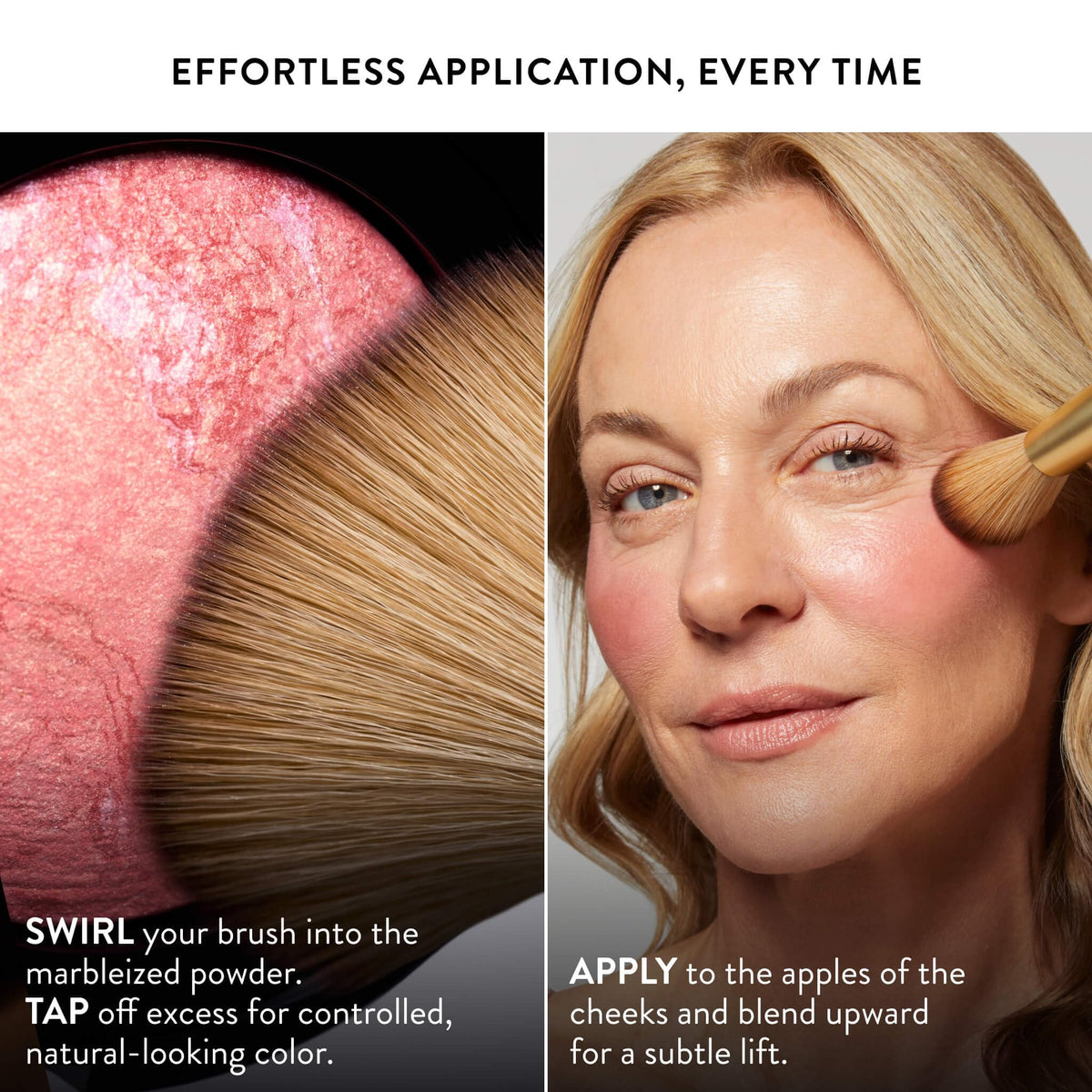 LAURA GELLER NEW YORK woman applying blush in mirror for instant fresher, lifted look
