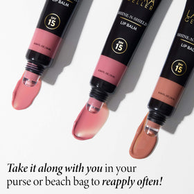 LAURA GELLER NEW YORK lip balm in hand illustrating compact, travel-friendly size