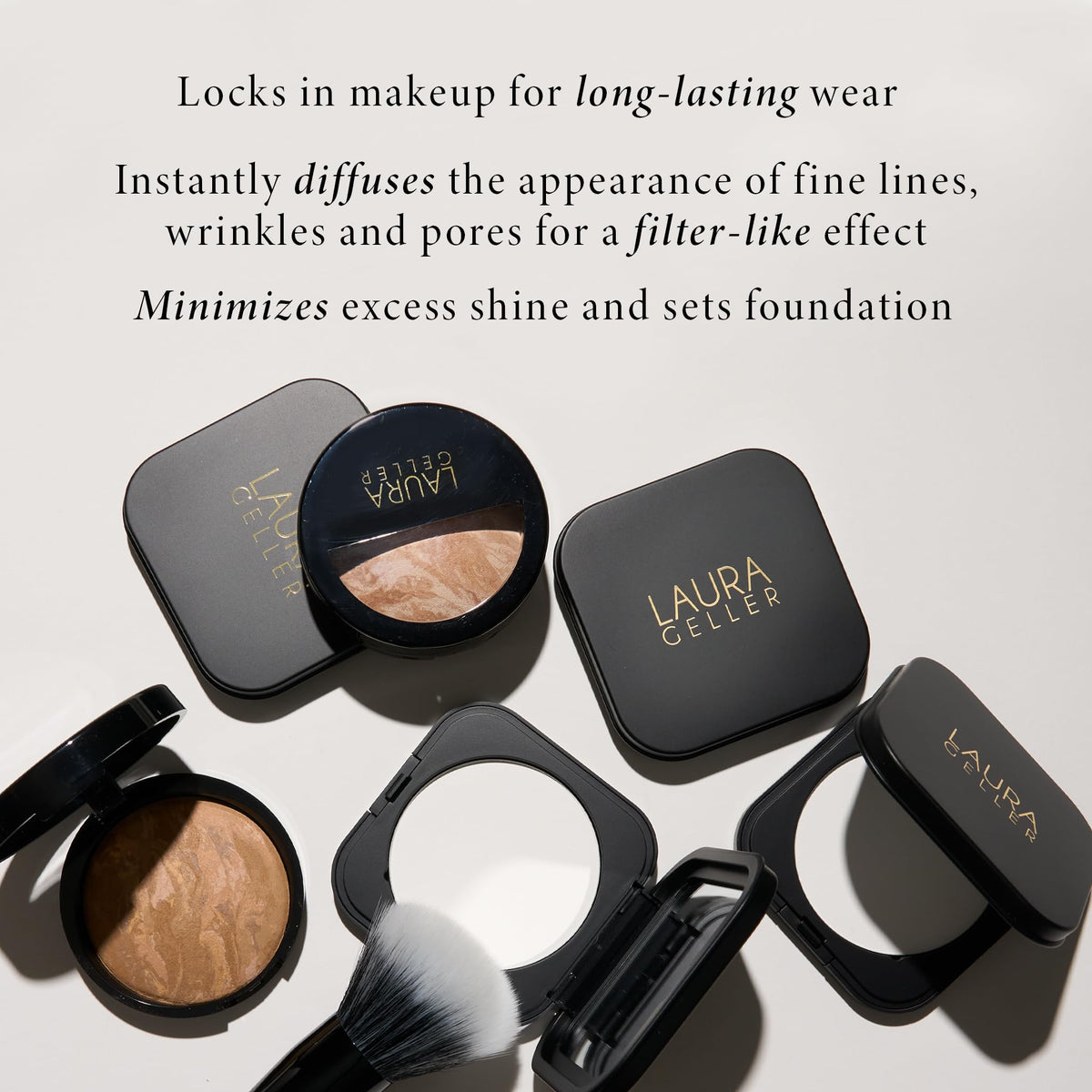 Laura Geller open powder close-up highlighting smooth finish and blur effect