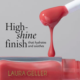 LAURA GELLER NEW YORK close-up of lip oil texture highlighting glossy, lightweight hydration