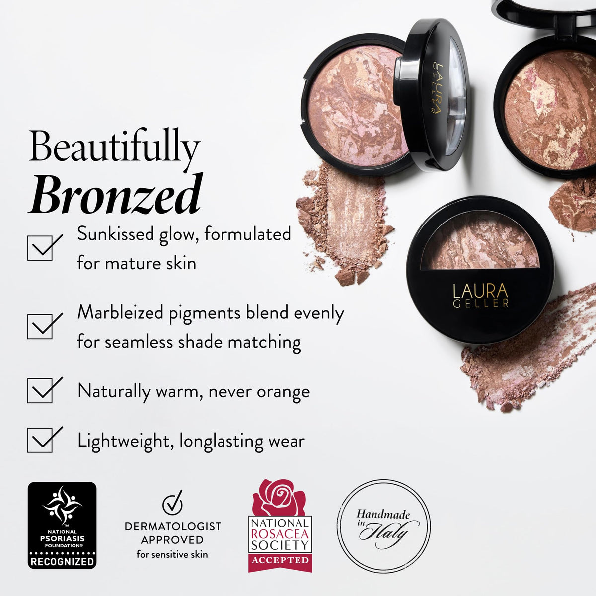 LAURA GELLER NEW YORK swatch on forearm illustrating medium bronze shade that blends naturally
