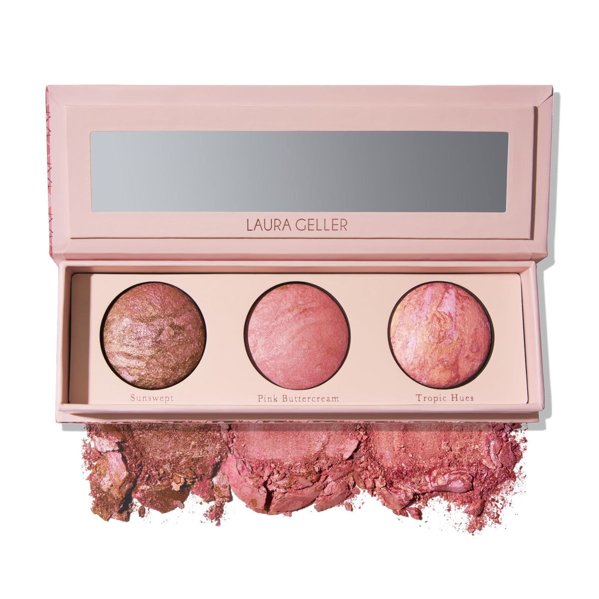LAURA GELLER NEW YORK compact front view showing three marbleized blushes for versatile color