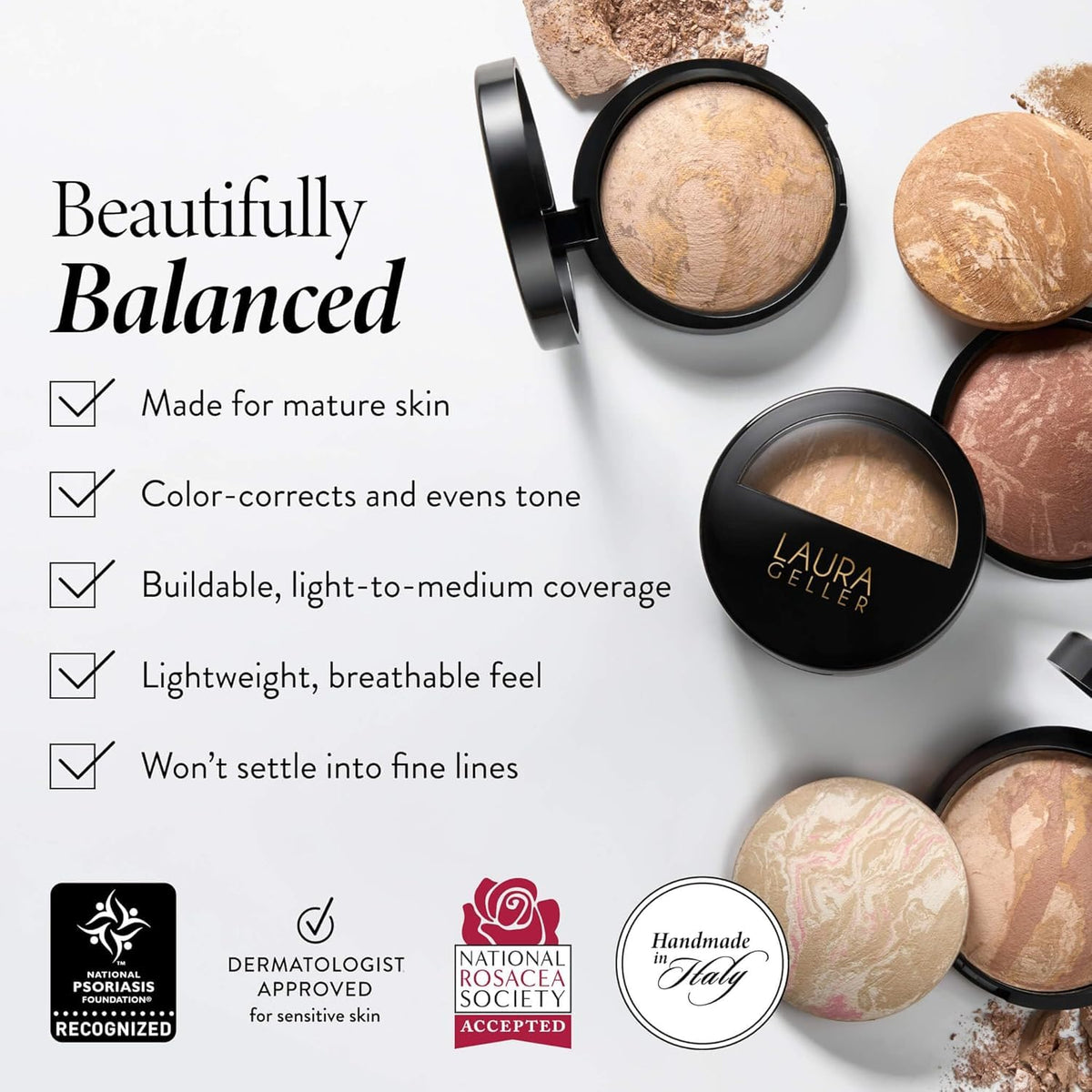LAURA GELLER NEW YORK compact with brush in a vanity scene for travel-ready convenience benefit