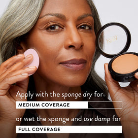 LAURA GELLER NEW YORK lifestyle photo of woman applying powder for natural matte look and polished confidence