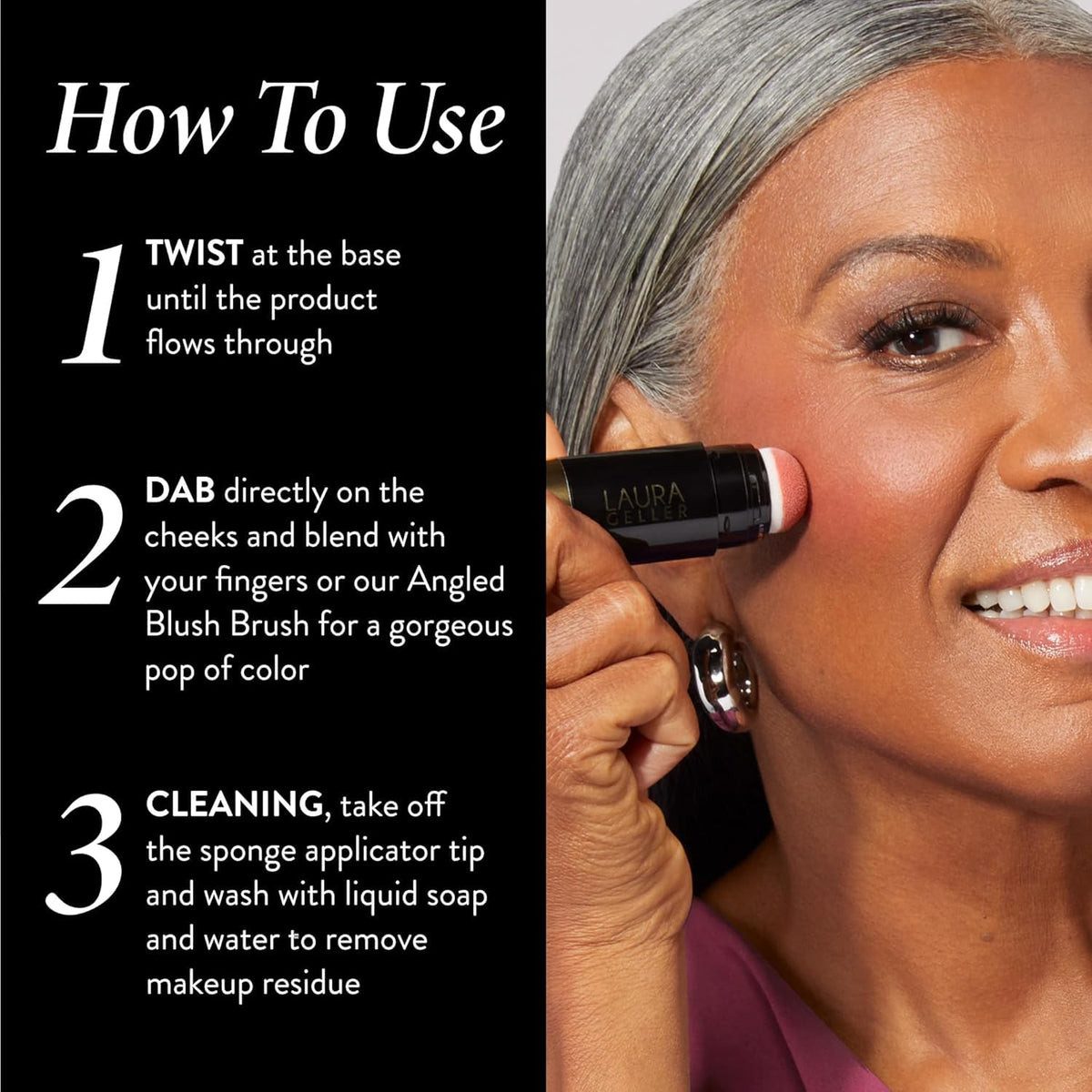 LAURA GELLER NEW YORK bottle held in hand to show size and real-world scale for travel convenience