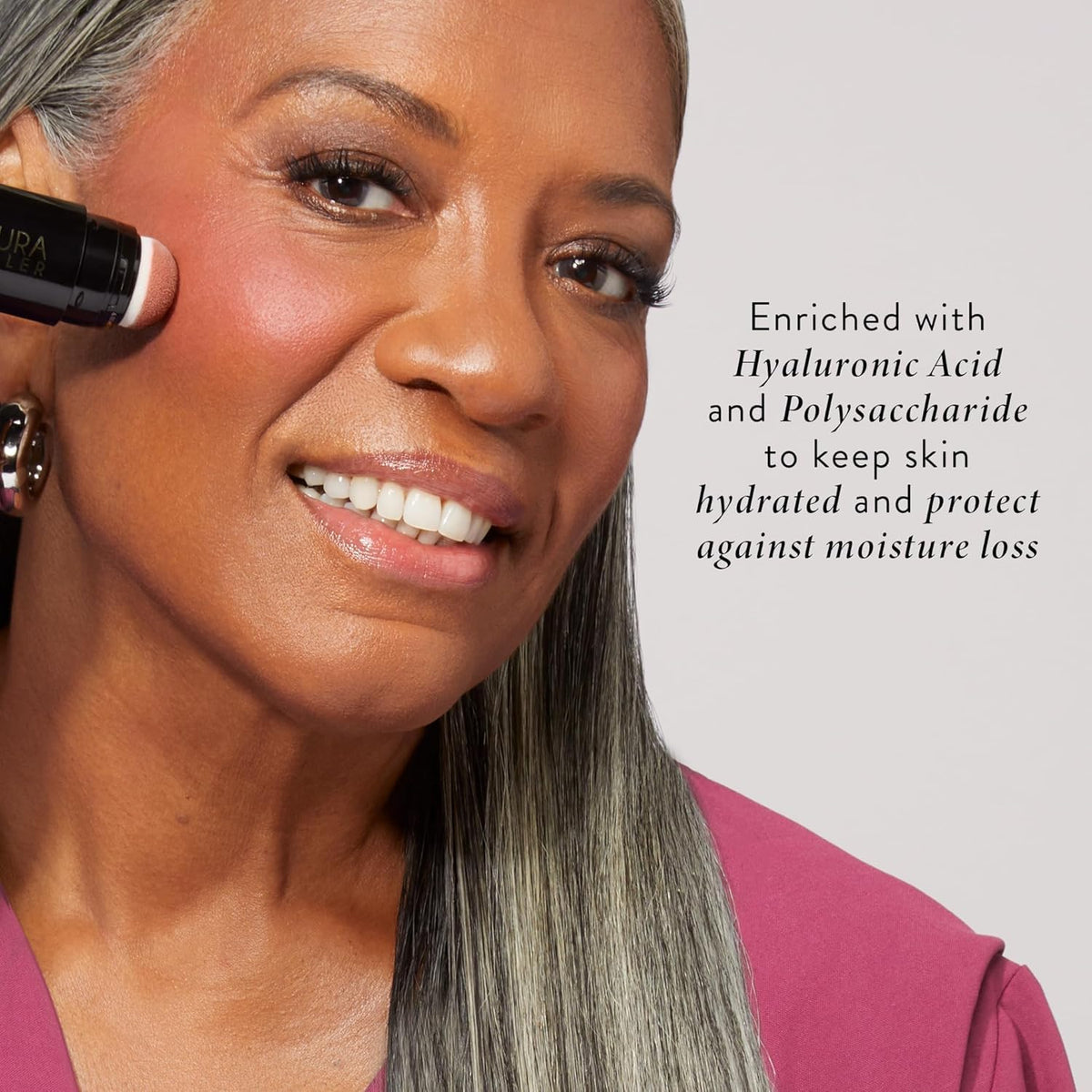LAURA GELLER NEW YORK applied on model cheek for natural dewy flush and wearable finish