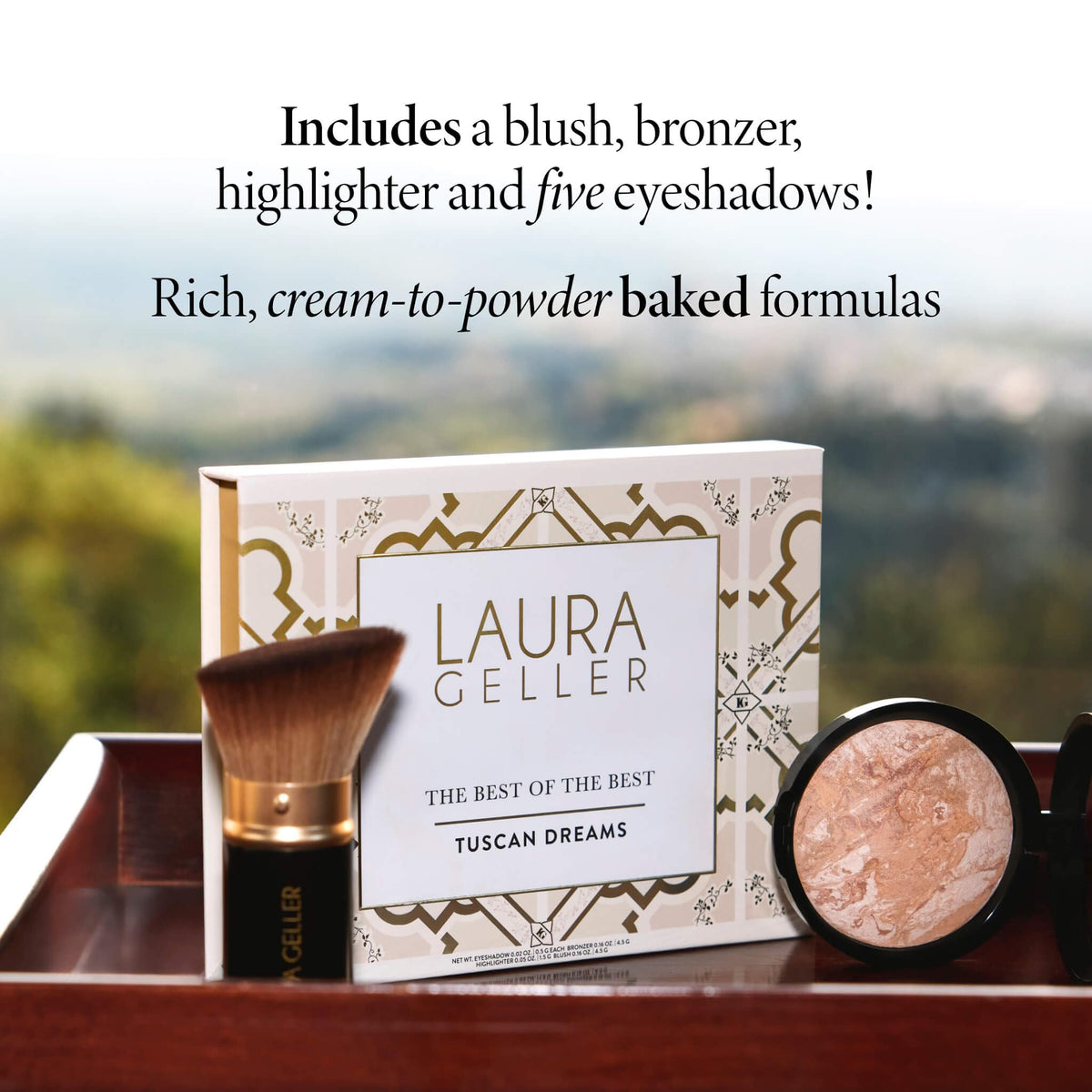 LAURA GELLER NEW YORK swatches on arm showing palette and powder shades for easy color reference