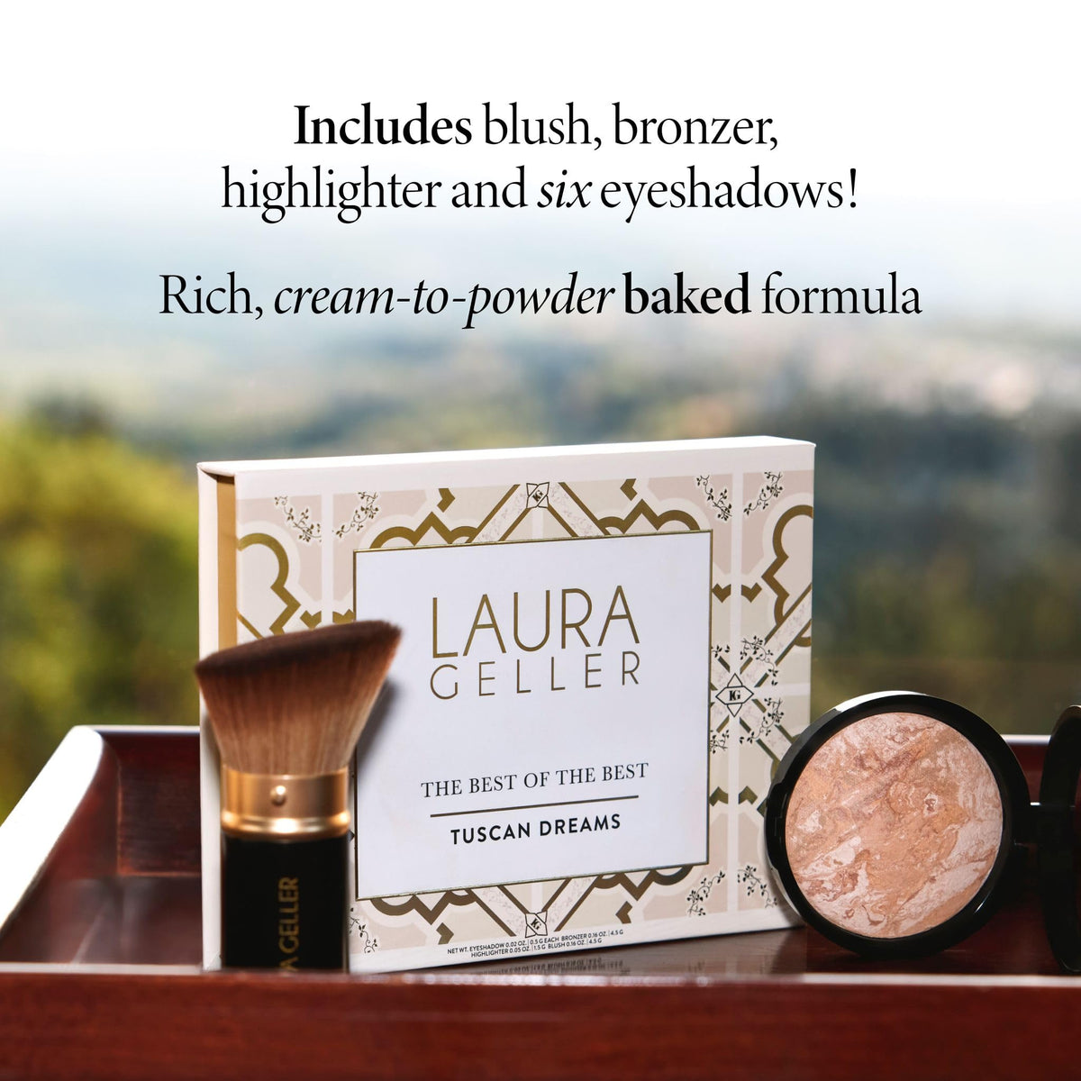 LAURA GELLER palette swatches on arm showing versatile neutral shades and finishes