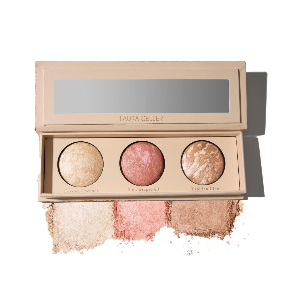 LAURA GELLER NEW YORK front view of the trio palette showing compact and mirror, easy travel