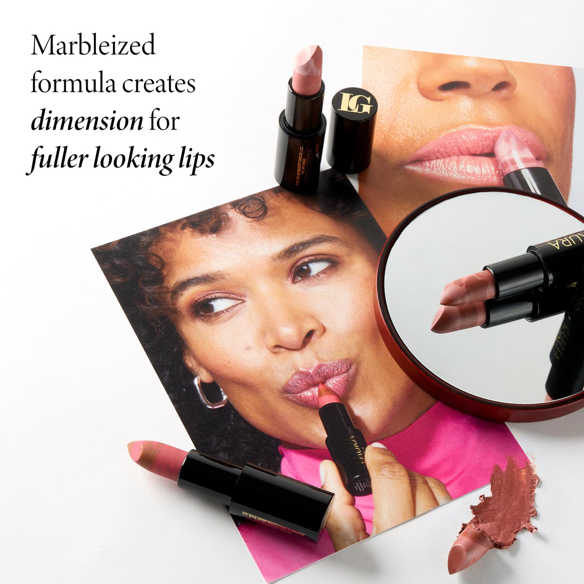 LAURA GELLER lipstick next to a coin demonstrating size and travel-friendly benefit