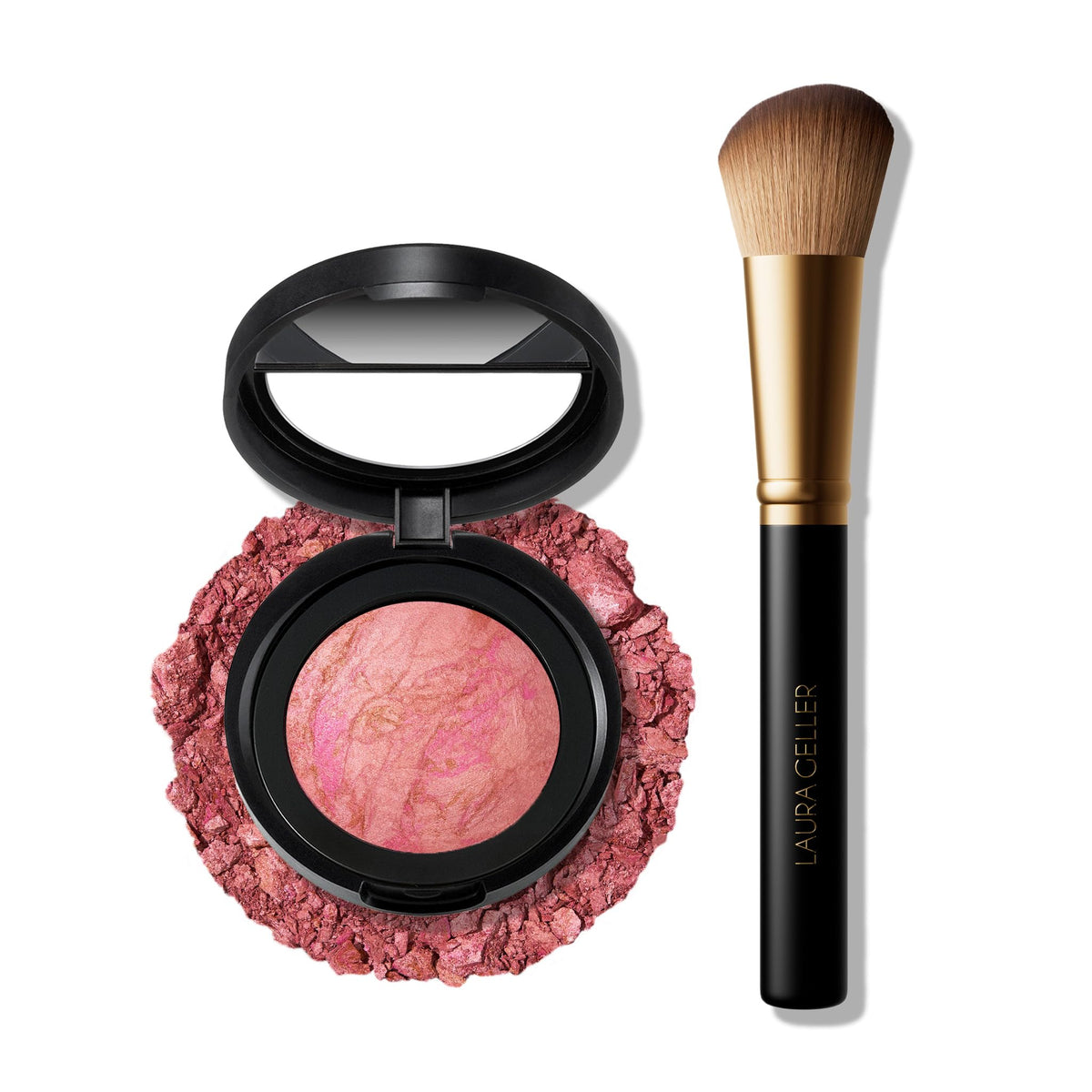LAURA GELLER compact front view showing blush and brush for portable radiance