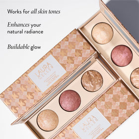 LAURA GELLER NEW YORK swatch of powders on skin highlighting silky texture and buildable coverage