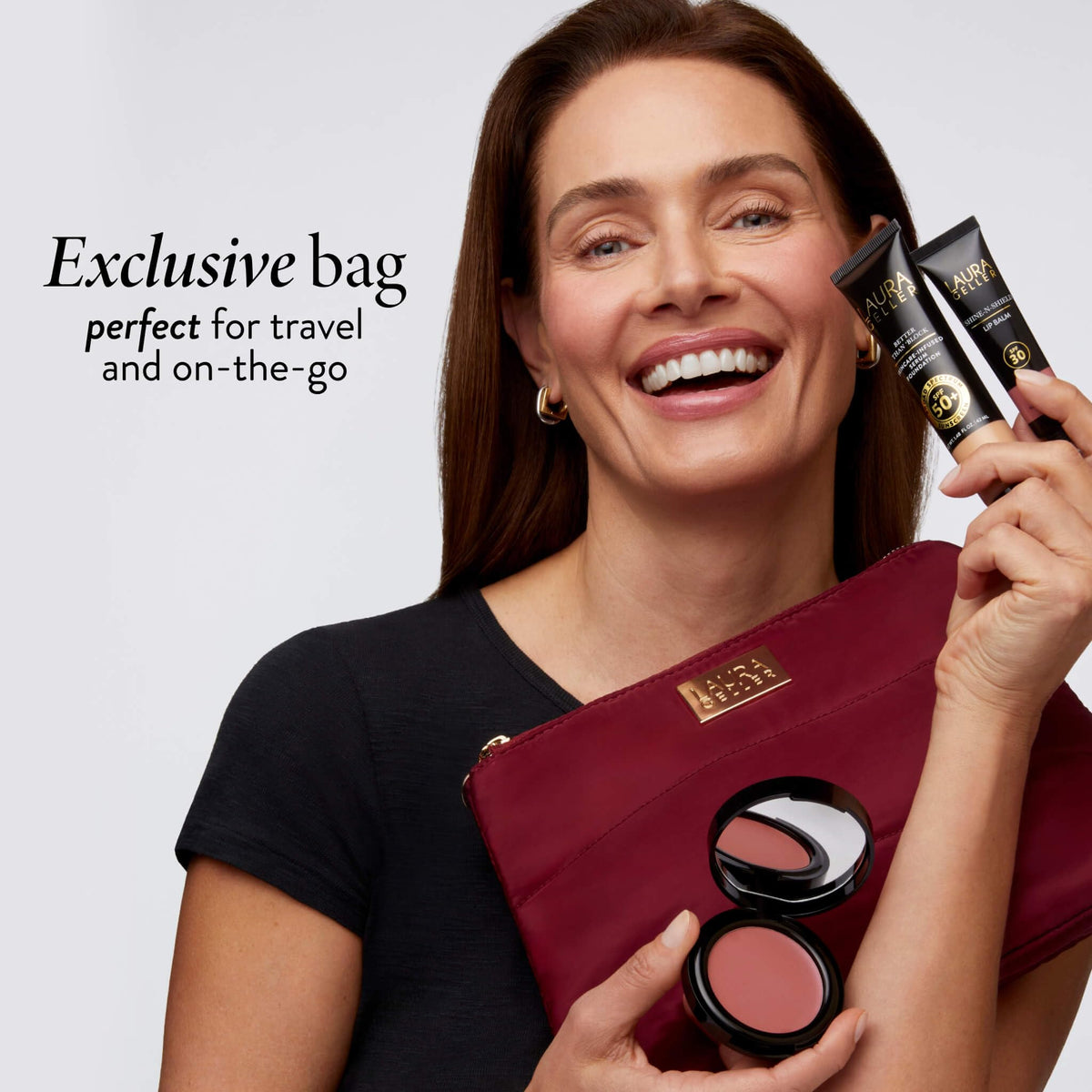 LAURA GELLER burgundy quilted cosmetic bag storing travel essentials