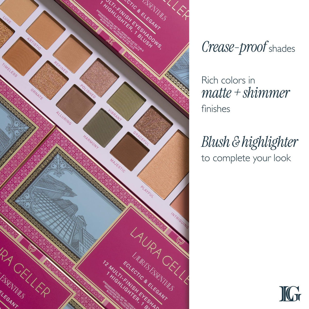 LAURA GELLER NEW YORK close-up of eyeshadow pans showing silky texture and blendability