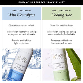 LAURA GELLER NEW YORK model using mist to refresh makeup and hydrate skin