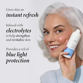 LAURA GELLER spray in use on model delivering instant refresh and dewy finish
