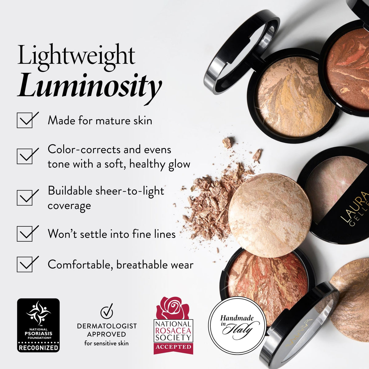 LAURA GELLER powder surface texture detail illustrating smooth satin finish benefit