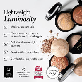 LAURA GELLER powder surface texture detail illustrating smooth satin finish benefit