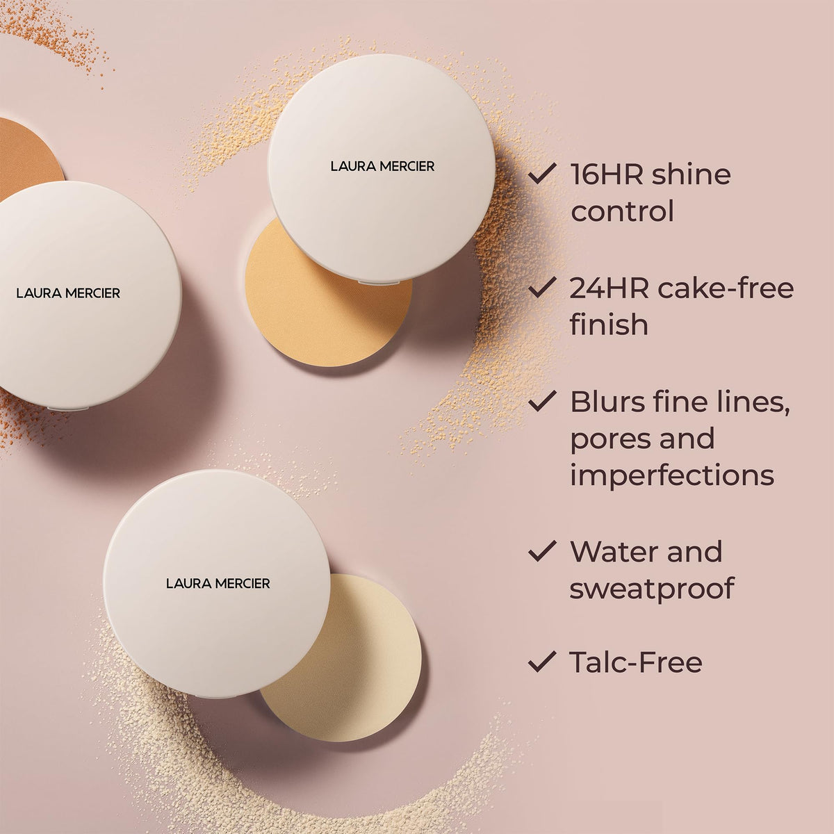 Laura Mercier application on model demonstrating shine control and natural look benefit