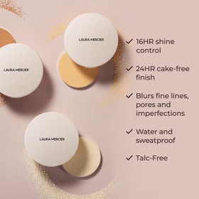 Laura Mercier application on model demonstrating shine control and natural look benefit