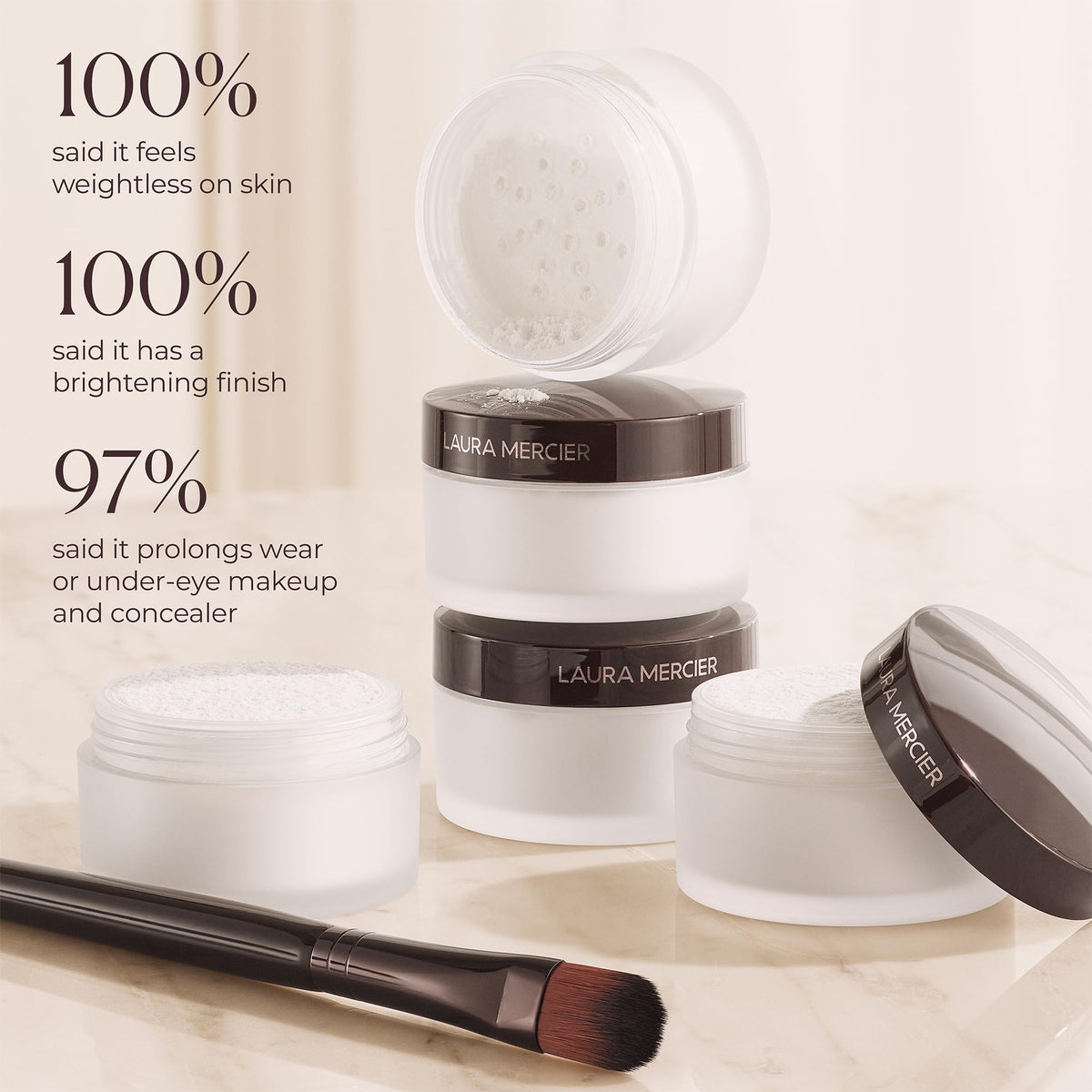Laura Mercier powder applied with a small brush demonstrating precise under-eye setting