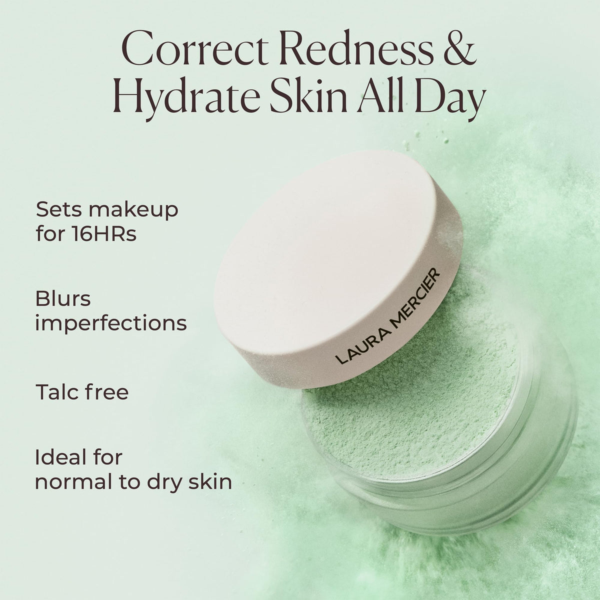 Laura Mercier before and after redness correction showing more even complexion
