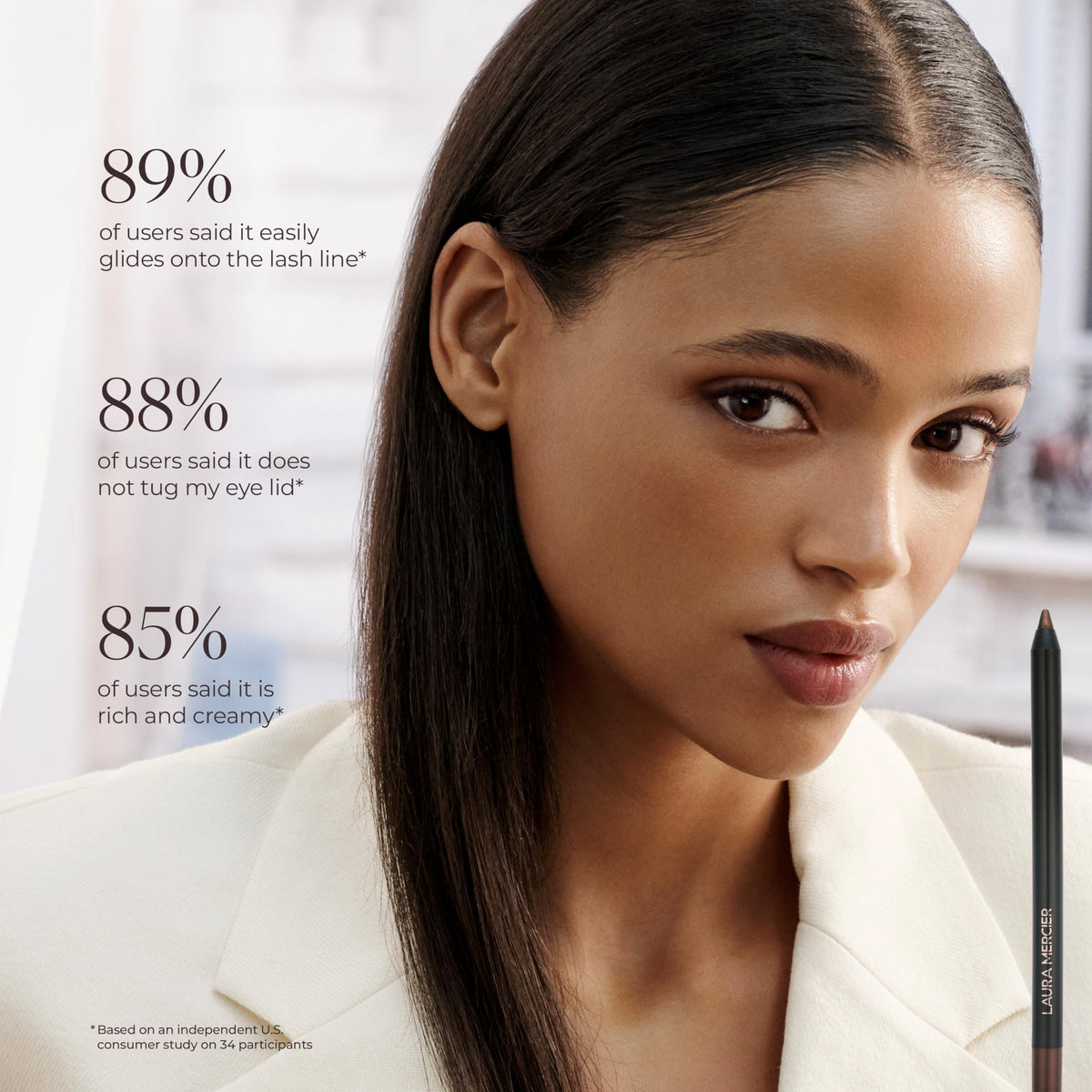 Laura Mercier eyeliner next to coin showing pencil size and scale