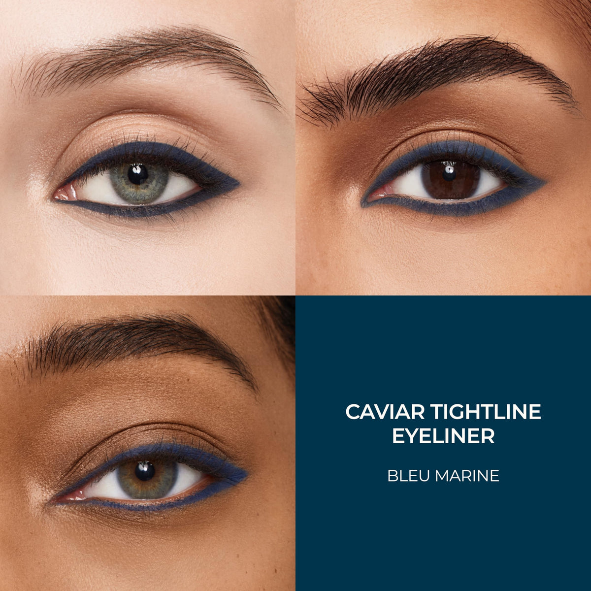 Laura Mercier texture swatch on skin showing rich Bleu Marine pigment and blendable finish