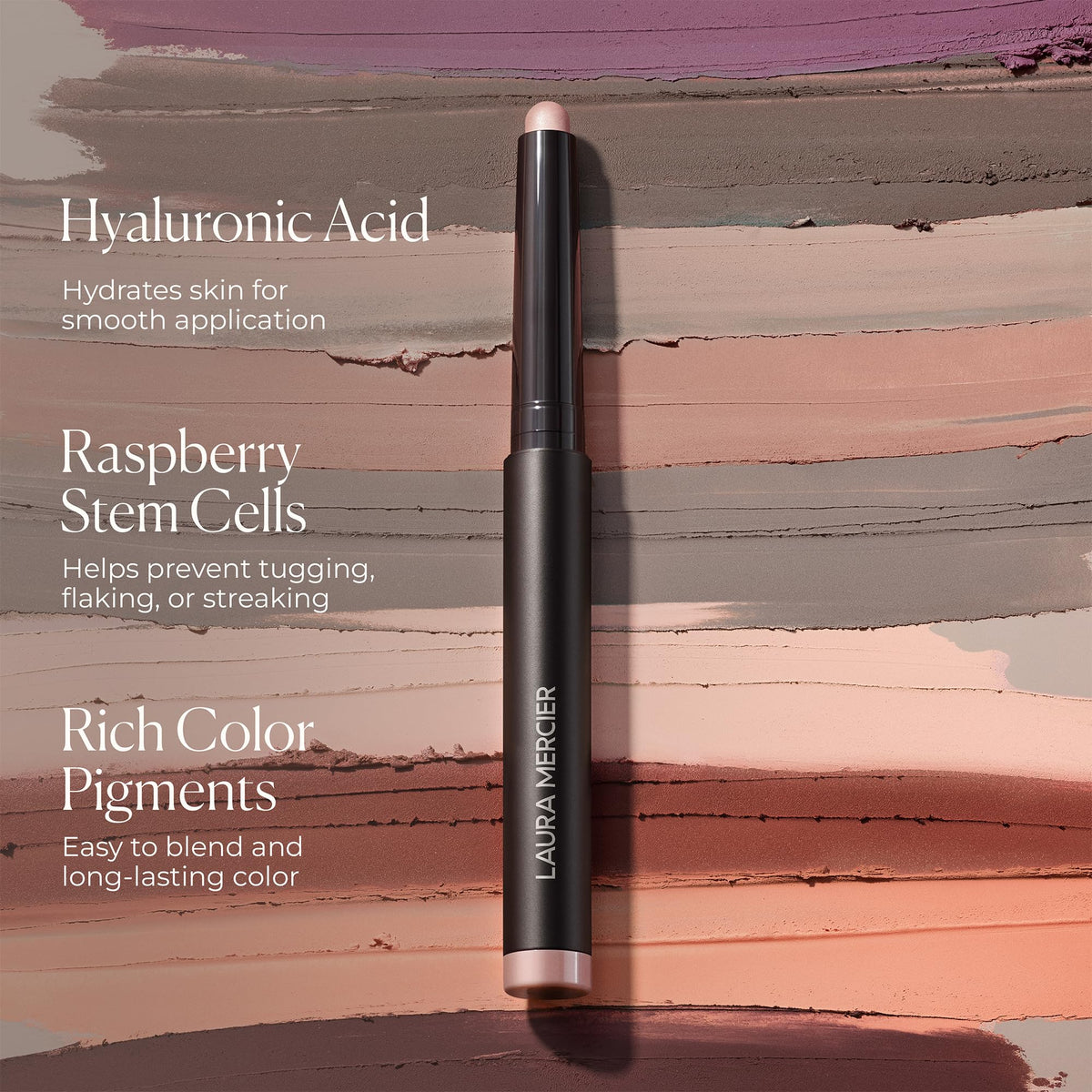 Laura Mercier swatch on forearm displaying rich Cobblestone color payoff and buildability