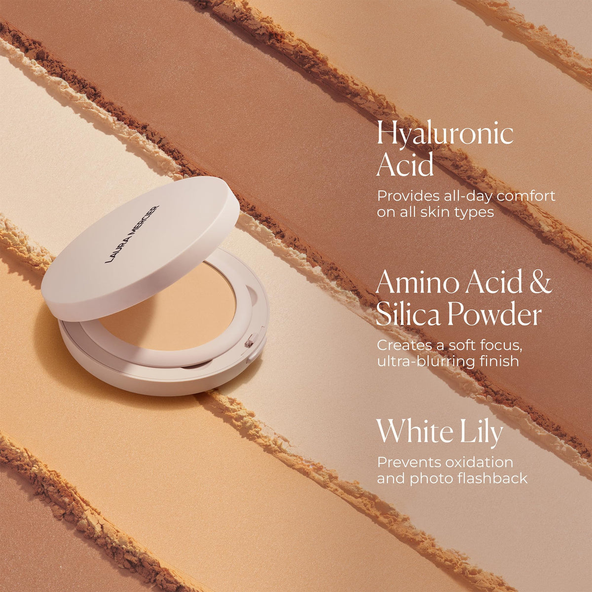 Laura Mercier compact inside handbag illustrating travel-ready convenience benefit