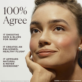 Laura Mercier compact label back showing ingredients and dermatologist-tested reassurance