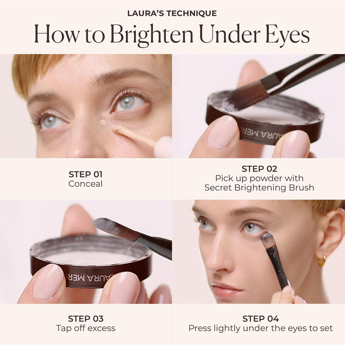 Laura Mercier powder compact staged on vanity conveying everyday luxury and effortless use