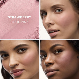 Laura Mercier open duo pans displaying matte and luminous shades for versatile looks