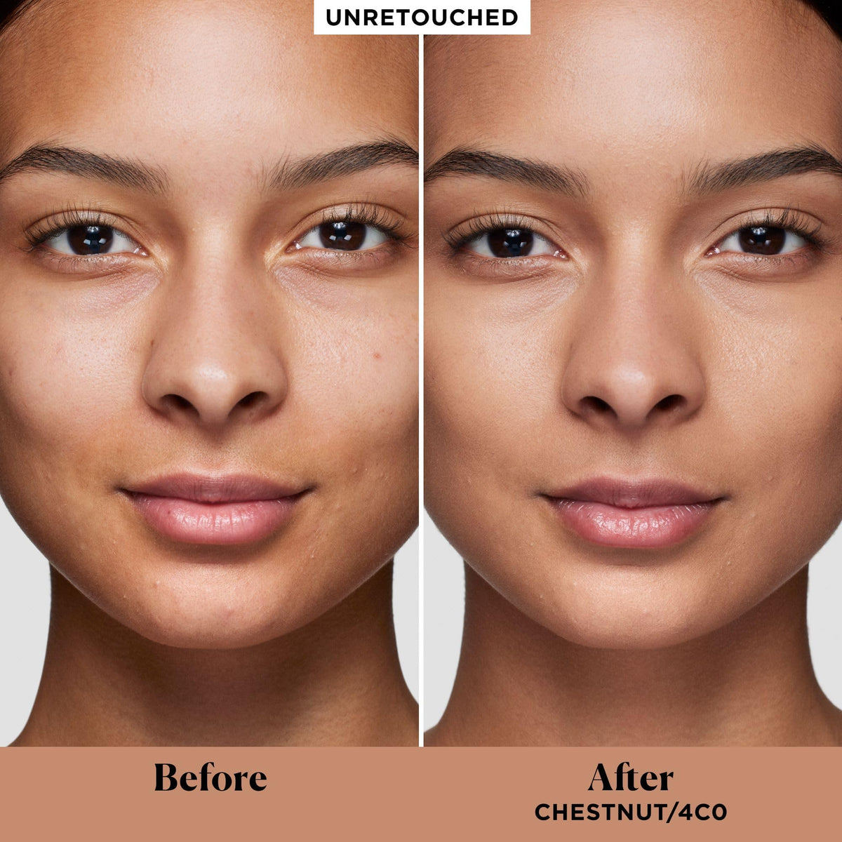 Laura Mercier swatch comparison on arm showing chestnut shade match and buildable coverage