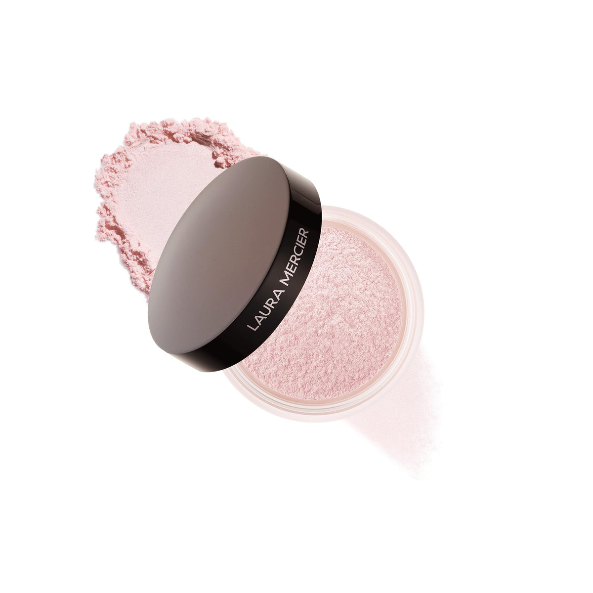 Laura Mercier front compact showing soft pink peach packaging and easy storage