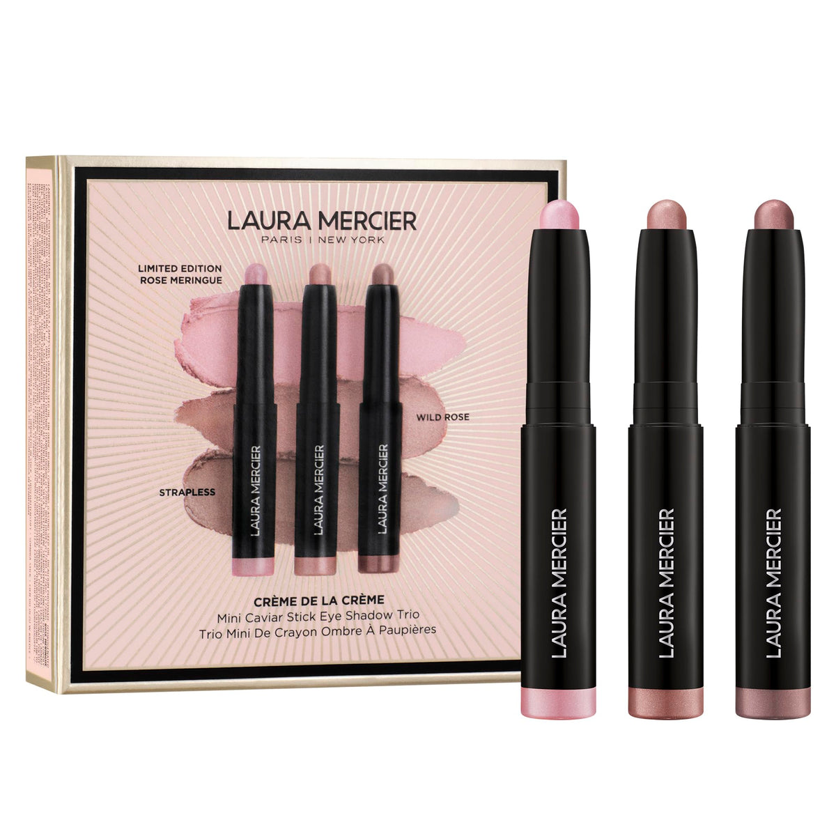 Laura Mercier front packaging mini trio showing three sticks, ideal for gifting